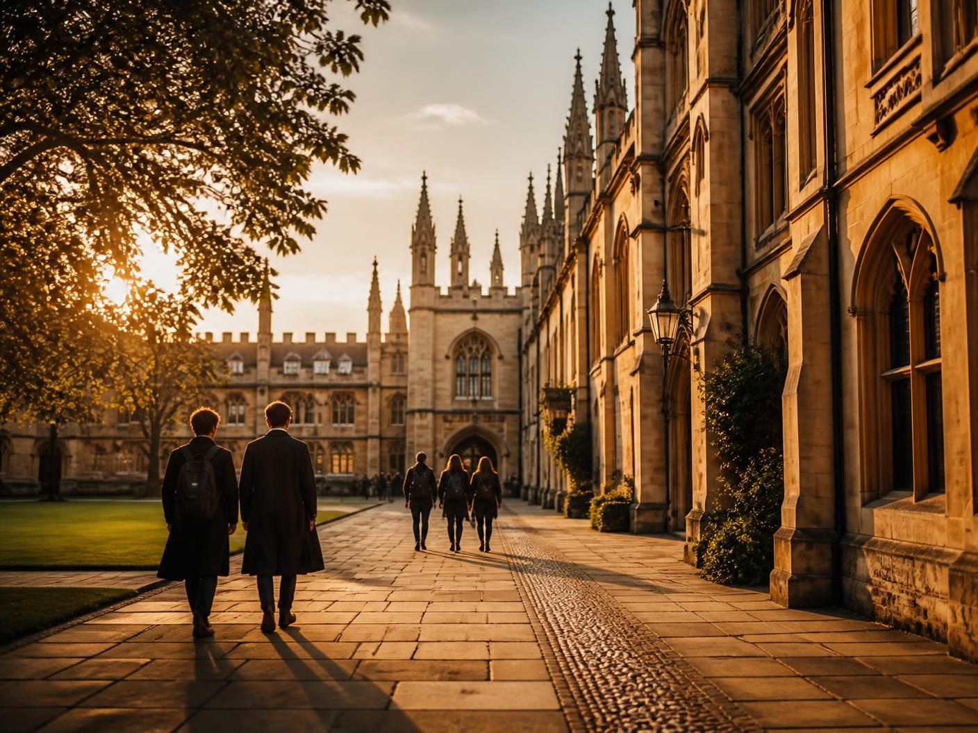 A historic British university quadrangle at golden hour
